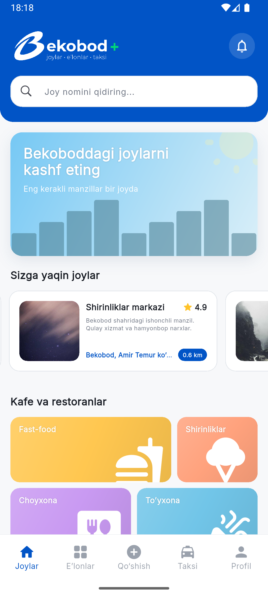 Bekobod Plus — joylar ekrani